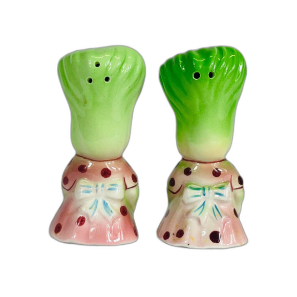 Vtg Japan Anthromorphic Lettuce Leek Ladies Salt and Pepper Shakers Side Eye - Picture 4 of 10